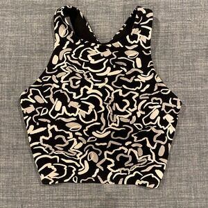 Athleta Conscious Crop Top Small Black White Abstract Floral High Neck Tank Bra